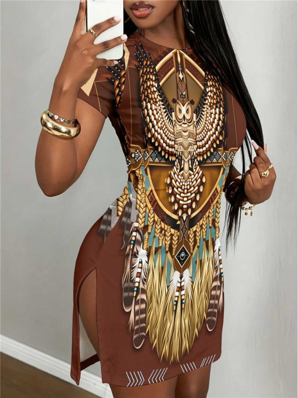 Women'S Dresses High Slit Mini Dress with Tribal And Bead Print Pattern for